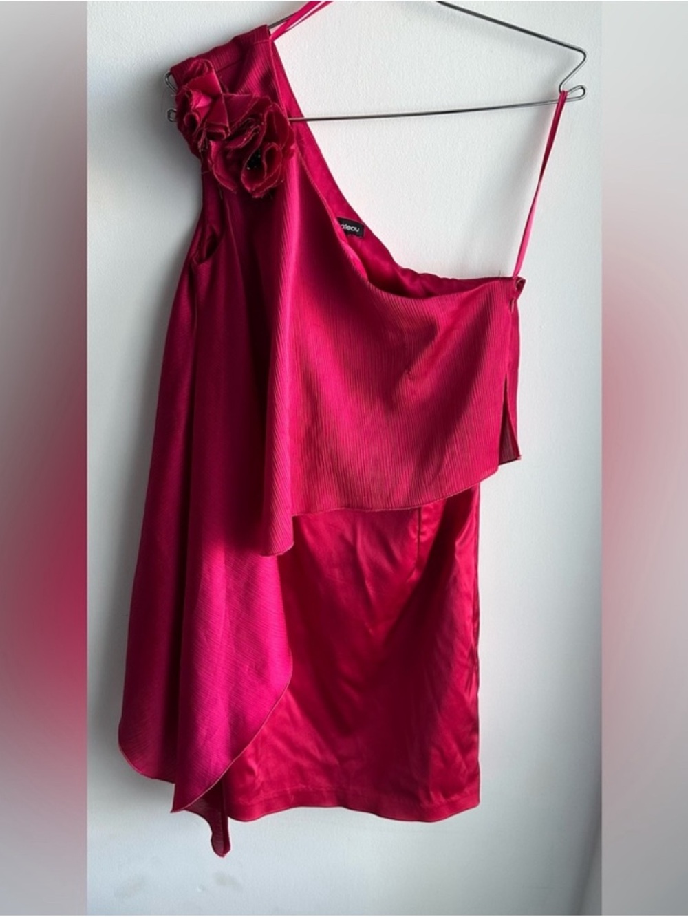 le chateau One-Shoulder Fuchsia Satin Dress with Floral Accent